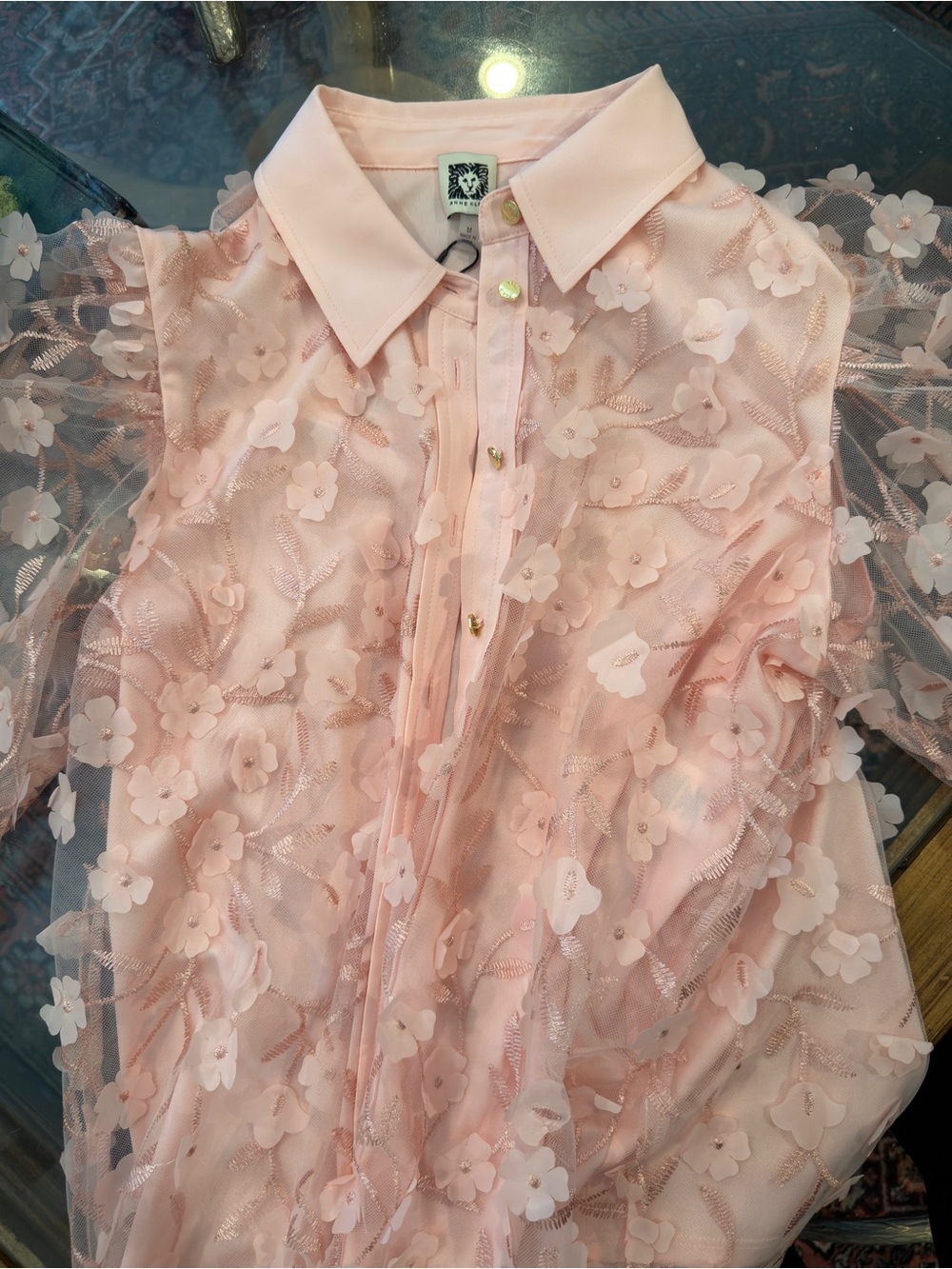 Anne Klein Light Pink Sheer Floral Appliqué Button Down Blouse - Picture 4 of 5
